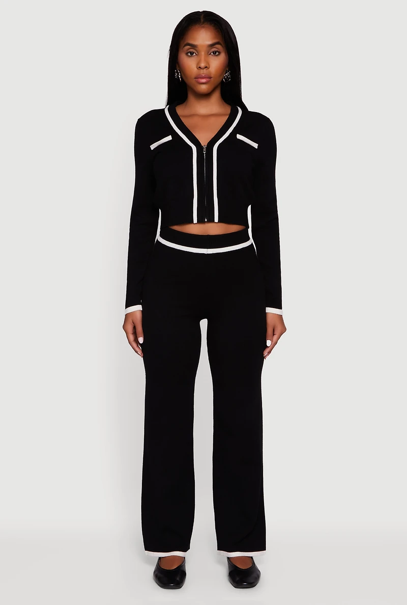 Womens Contrast Trim V Neck Zip Front Cropped Sweater, Black, Size XL