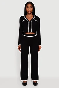 Womens Contrast Trim V Neck Zip Front Cropped Sweater, Black, Size XL