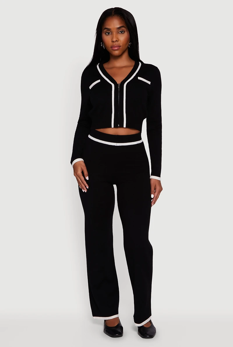 Womens Contrast Trim V Neck Zip Front Cropped Sweater, Black, Size XL