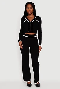 Womens Contrast Trim V Neck Zip Front Cropped Sweater, Black, Size XL