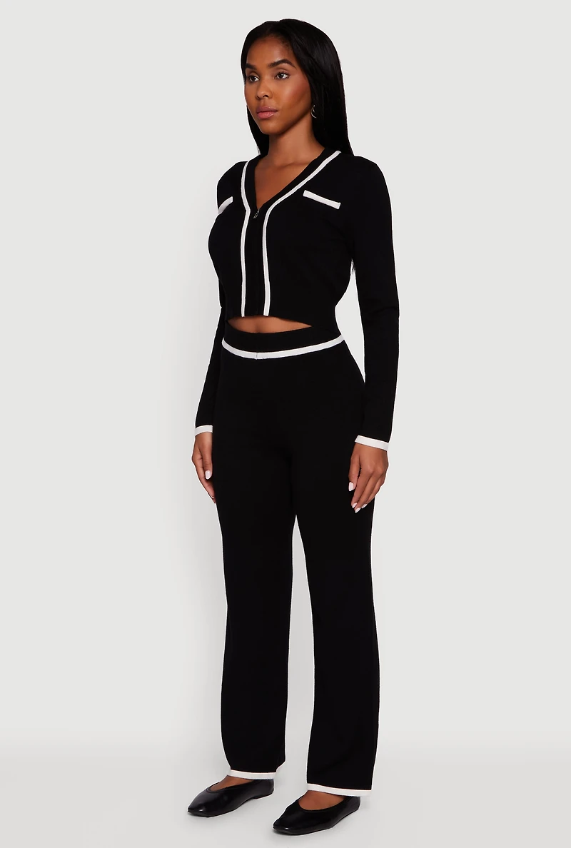 Womens Contrast Trim V Neck Zip Front Cropped Sweater, Black, Size XL