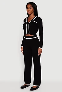 Womens Contrast Trim V Neck Zip Front Cropped Sweater, Black, Size XL