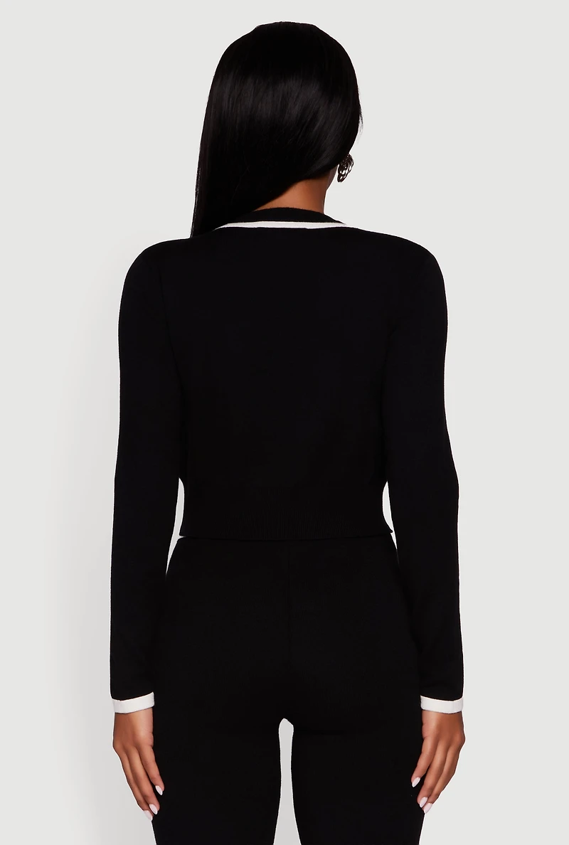 Womens Contrast Trim V Neck Zip Front Cropped Sweater, Black, Size XL