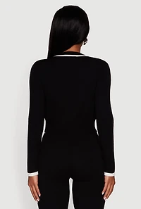 Womens Contrast Trim V Neck Zip Front Cropped Sweater, Black, Size XL