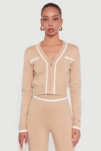 Womens Contrast Trim V Neck Zip Front Cropped Sweater,