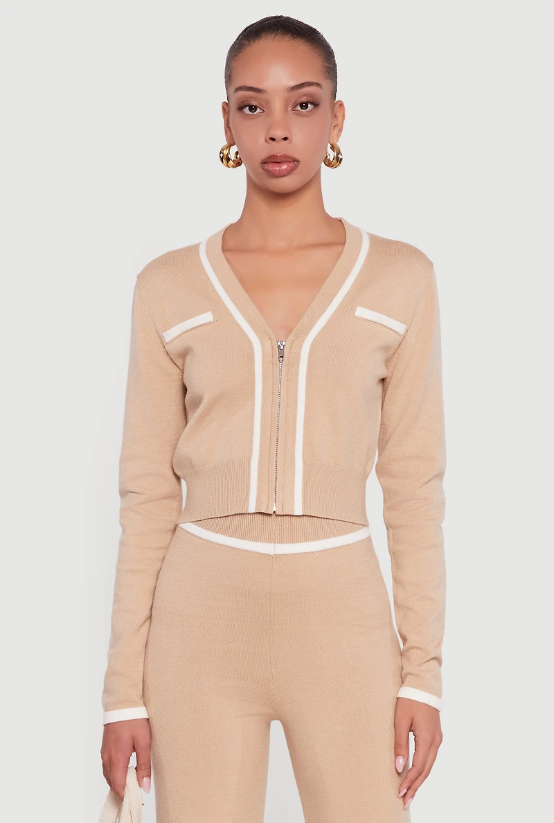 Contrast Trim V Neck Zip Front Cropped Sweater