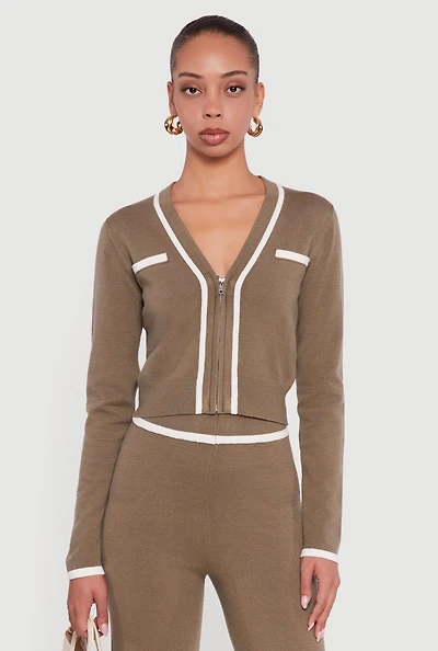 Contrast Trim V Neck Zip Front Cropped Sweater