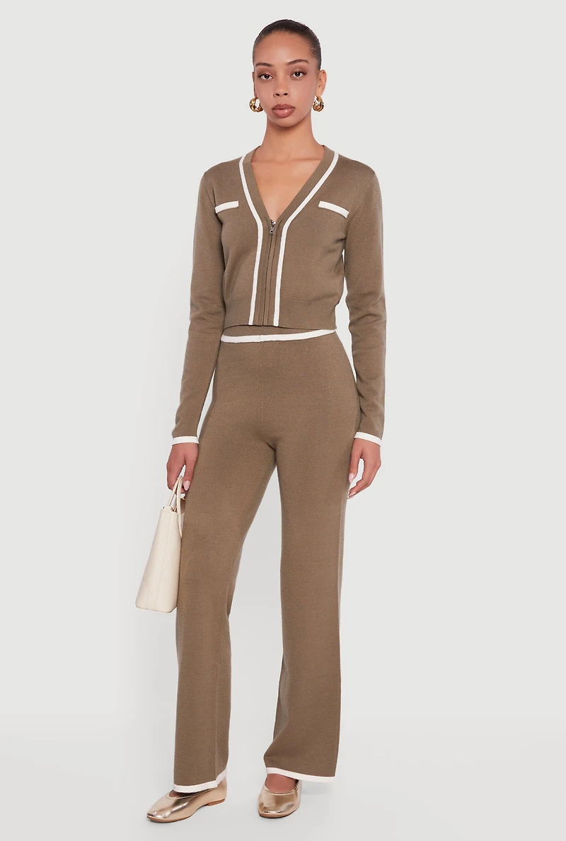 Womens Contrast Trim V Neck Zip Front Cropped Sweater, Green, Size M