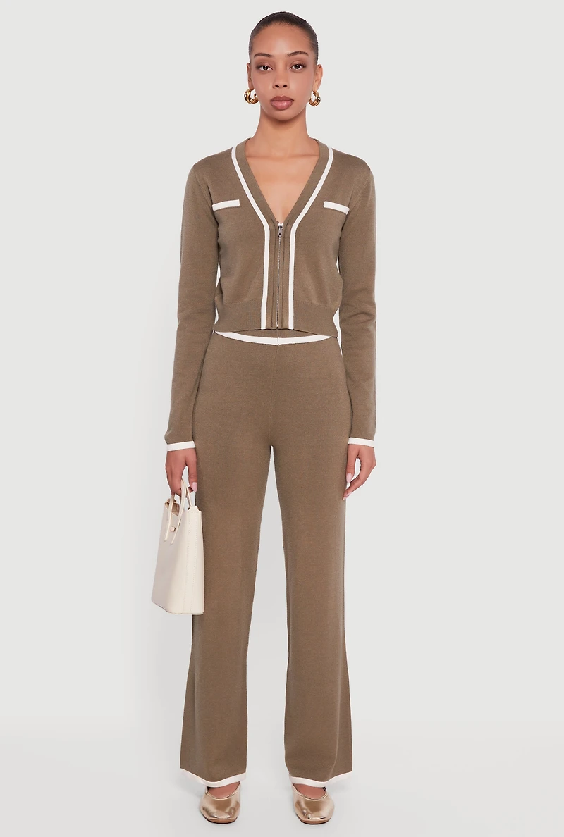 Contrast Trim V Neck Zip Front Cropped Sweater