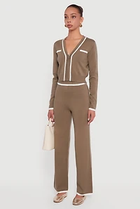 Contrast Trim V Neck Zip Front Cropped Sweater