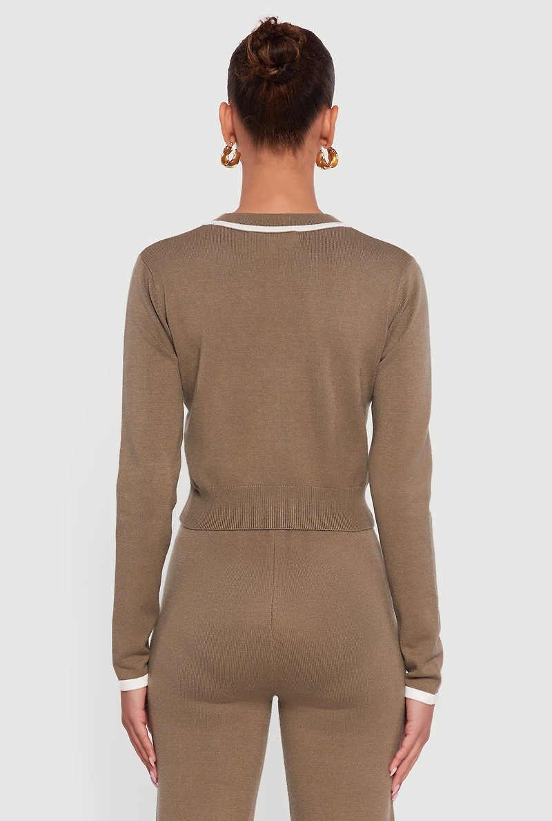 Contrast Trim V Neck Zip Front Cropped Sweater