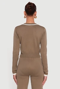 Contrast Trim V Neck Zip Front Cropped Sweater