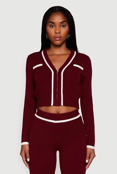 Womens Contrast Trim V Neck Zip Front Cropped Sweater, Burgundy, Size XL