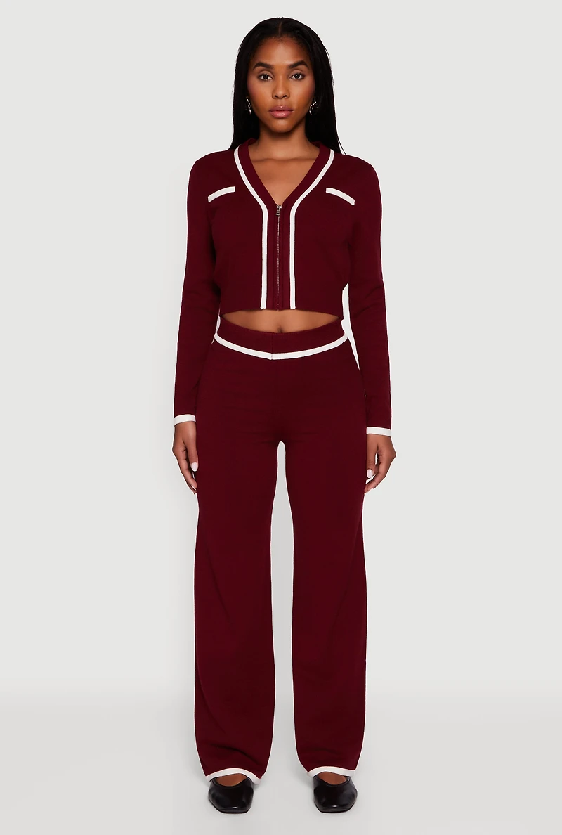 Womens Contrast Trim V Neck Zip Front Cropped Sweater, Burgundy, Size XL