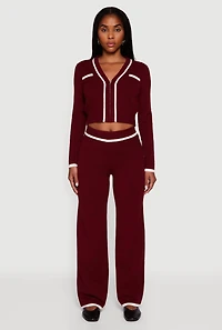 Womens Contrast Trim V Neck Zip Front Cropped Sweater, Burgundy, Size XL