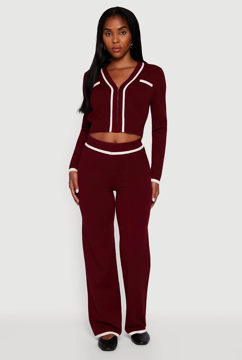 Womens Contrast Trim V Neck Zip Front Cropped Sweater, Burgundy, Size XL