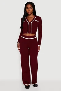 Womens Contrast Trim V Neck Zip Front Cropped Sweater, Burgundy, Size XL
