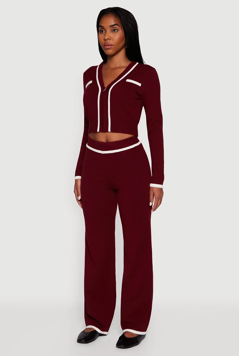 Womens Contrast Trim V Neck Zip Front Cropped Sweater, Burgundy, Size XL