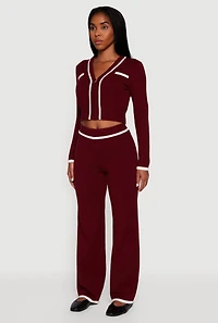 Womens Contrast Trim V Neck Zip Front Cropped Sweater, Burgundy, Size XL