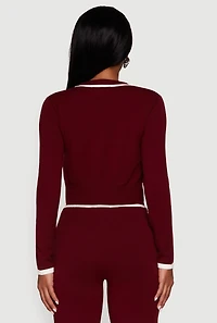 Womens Contrast Trim V Neck Zip Front Cropped Sweater, Burgundy, Size XL