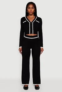 Contrast Trim High Waisted Straight Leg Casual Pants