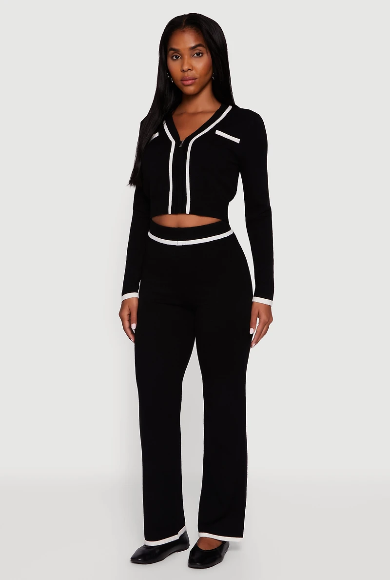 Contrast Trim High Waisted Straight Leg Casual Pants