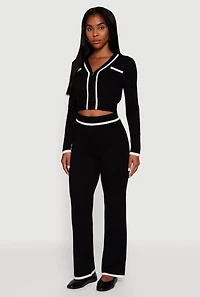 Contrast Trim High Waisted Straight Leg Casual Pants