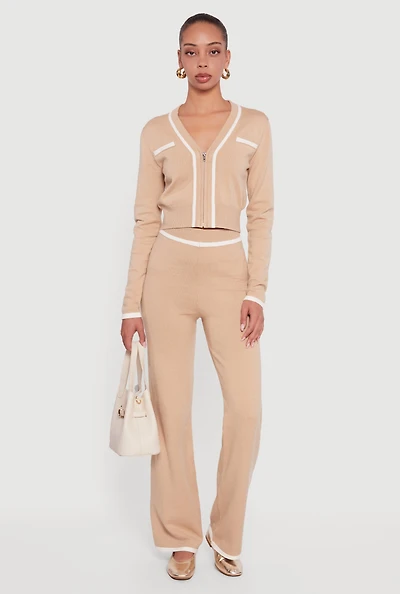 Womens Contrast Trim High Waisted Straight Leg Casual Pants,