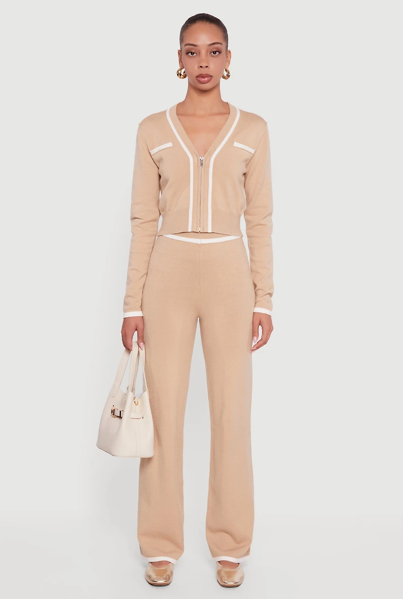 Contrast Trim High Waisted Straight Leg Casual Pants