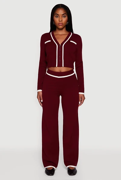 Womens Contrast Trim High Waisted Wide Leg Casual Pants,