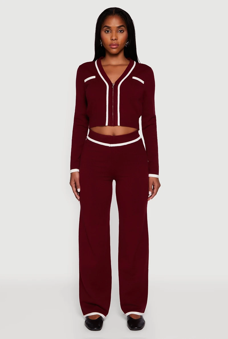 Womens Contrast Trim High Waisted Straight Leg Casual Pants, Burgundy, Size S