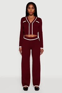 Womens Contrast Trim High Waisted Straight Leg Casual Pants, Burgundy, Size S