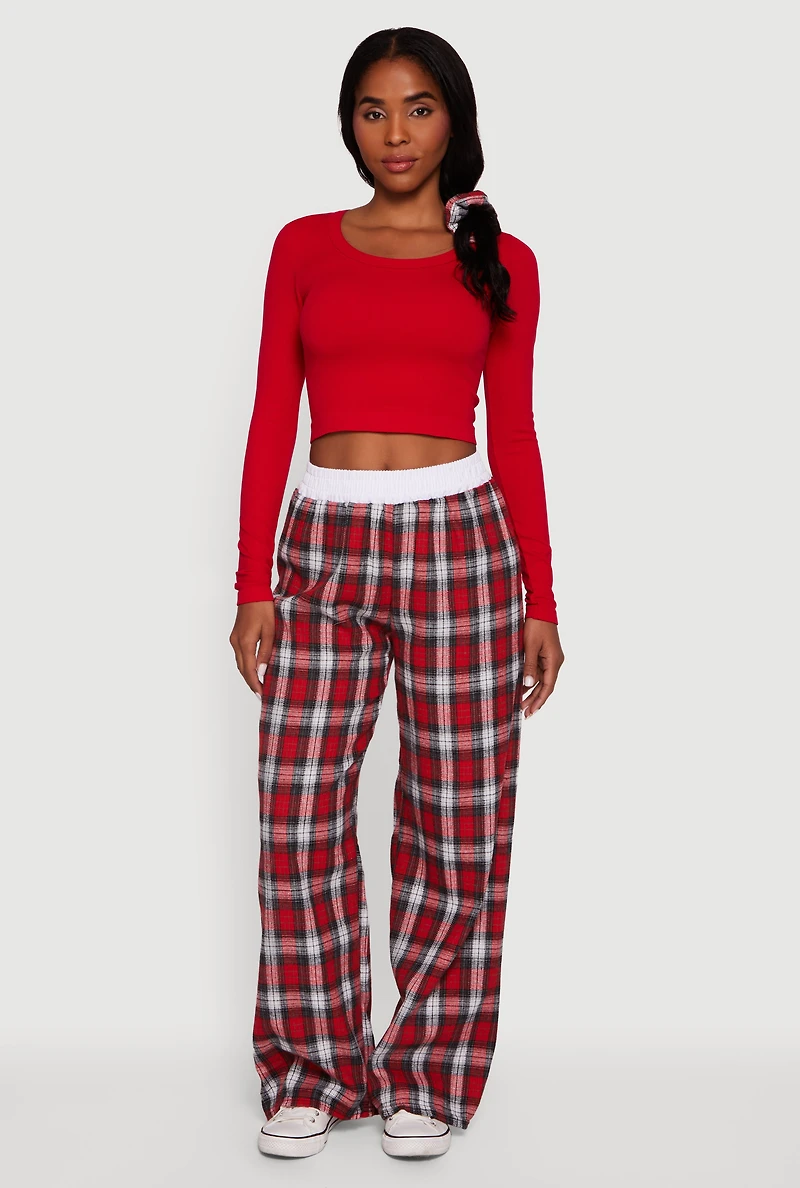 Rib Knit Long Sleeve Crop Top with Scrunchie