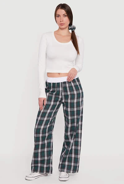 Plaid Contrast Trim High Waisted Wide Leg Pants