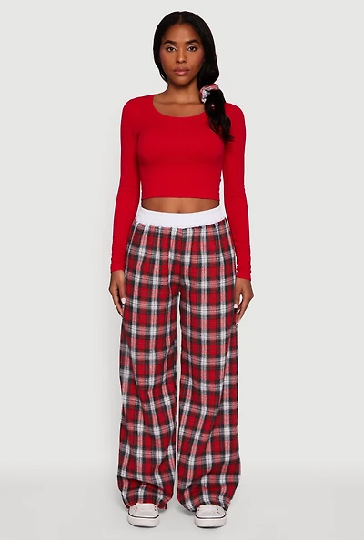 Womens Plaid Contrast Trim High Waisted Wide Leg Pants, Red, Size L