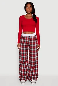 Plaid Contrast Trim High Waisted Wide Leg Pants