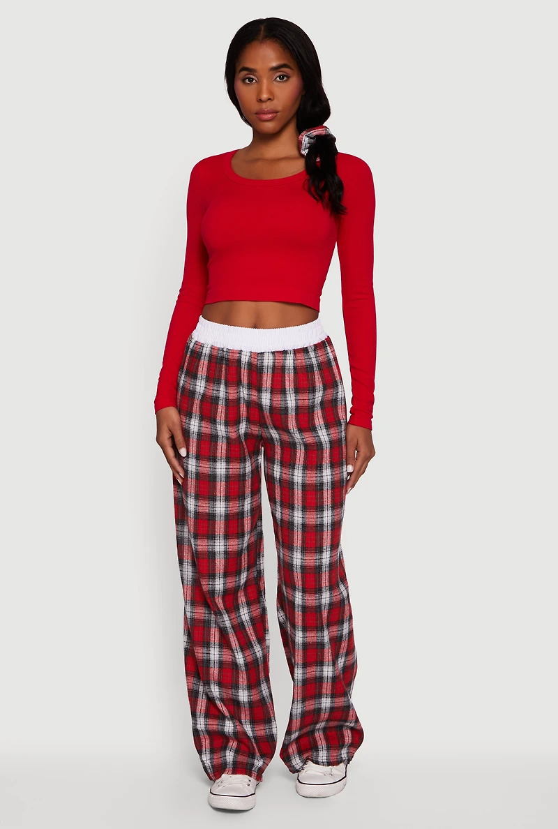 Womens Plaid Contrast Trim High Waisted Wide Leg Pants, Red, Size L