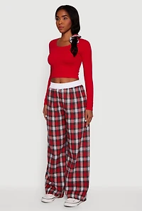 Womens Plaid Contrast Trim High Waisted Wide Leg Pants, Red, Size L