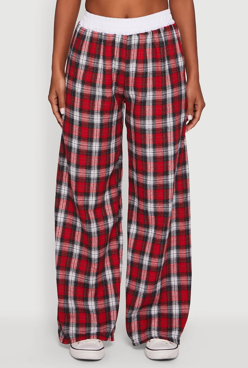 Womens Plaid Contrast Trim High Waisted Wide Leg Pants, Red, Size L