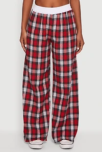 Womens Plaid Contrast Trim High Waisted Wide Leg Pants, Red, Size L