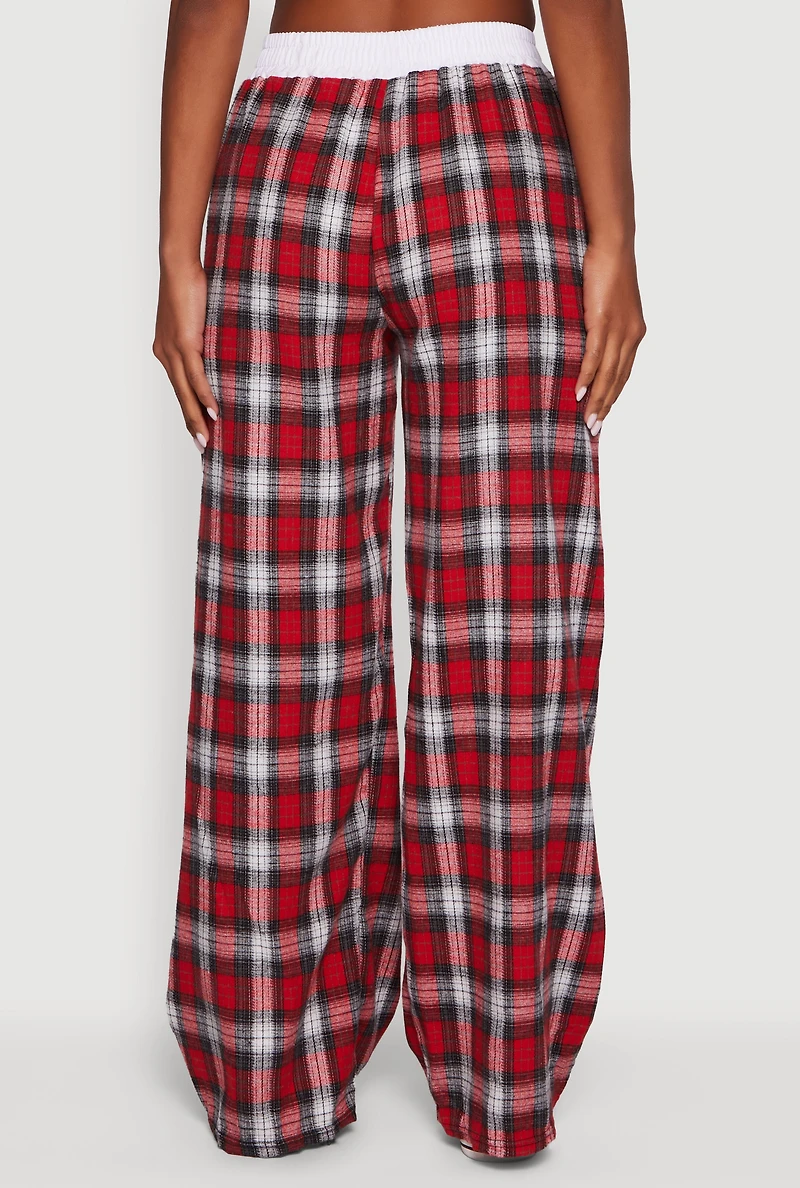 Womens Plaid Contrast Trim High Waisted Wide Leg Pants, Red, Size L