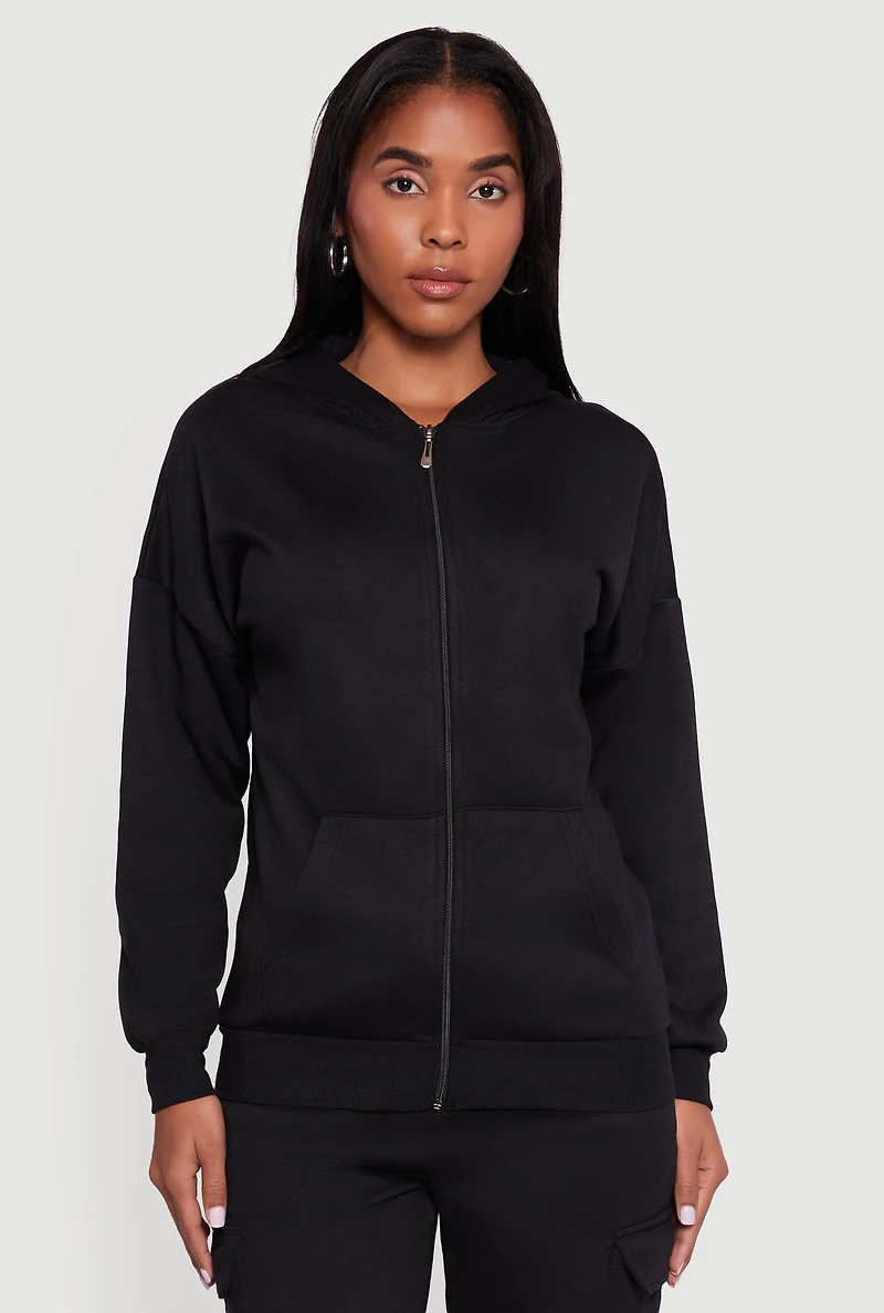 Womens Drop Shoulder Zip Front Hoodie, Black,