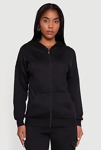Womens Drop Shoulder Zip Front Hoodie, Black,