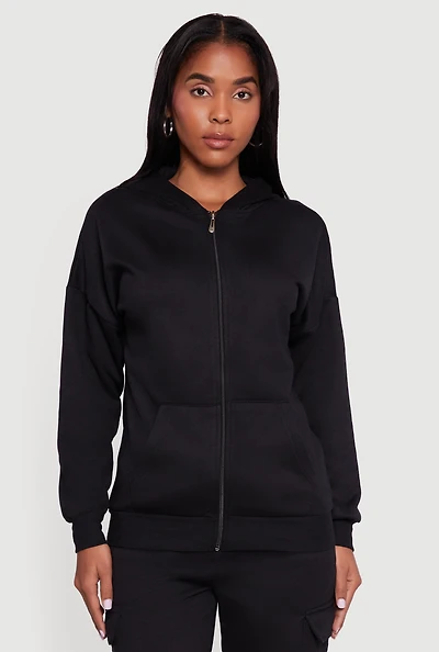 Womens Drop Shoulder Zip Front Hoodie,