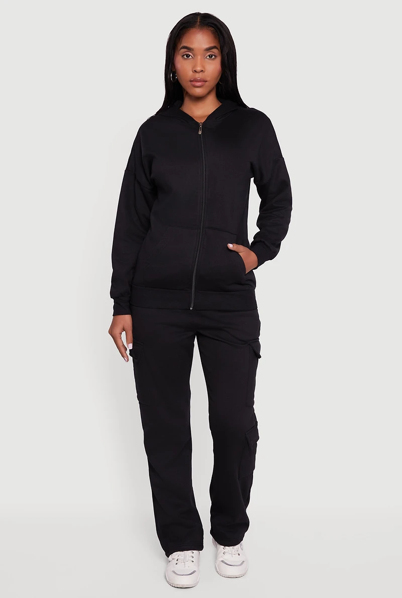 Womens Drop Shoulder Zip Front Hoodie, Black,