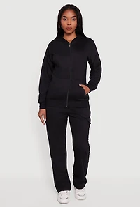 Womens Drop Shoulder Zip Front Hoodie, Black,