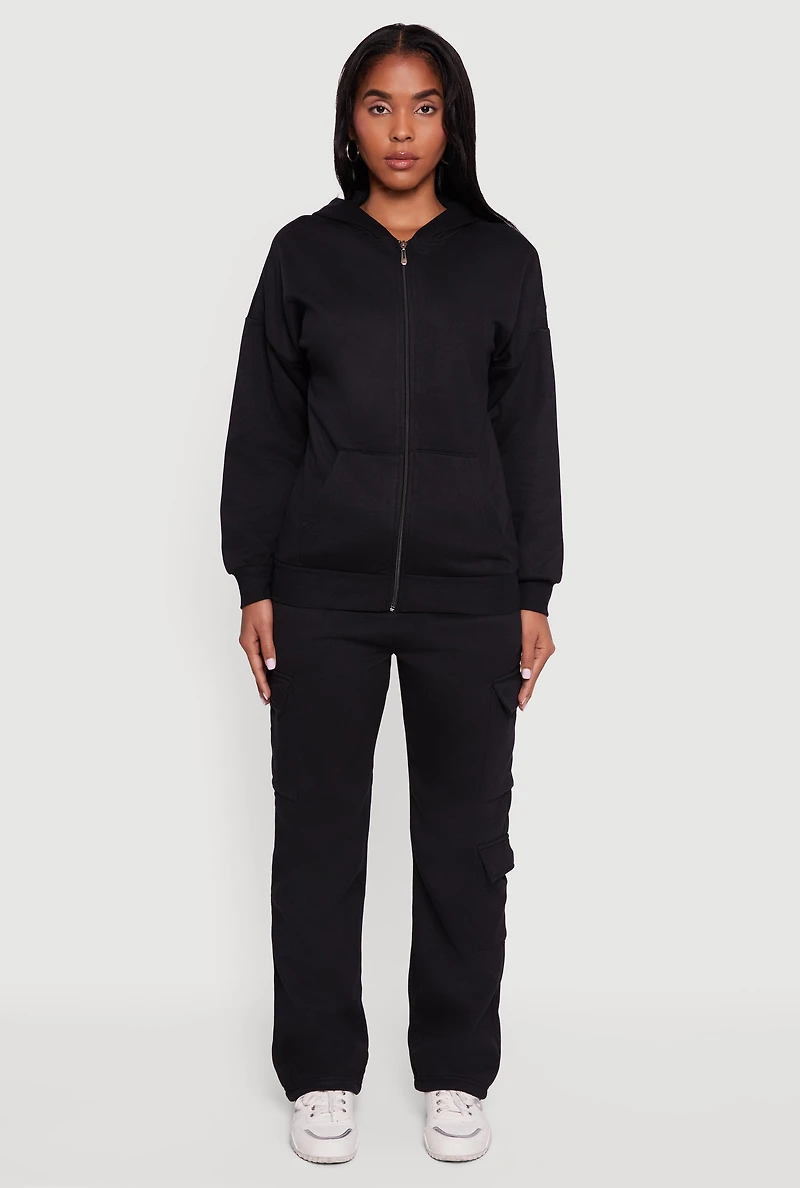 Womens Drop Shoulder Zip Front Hoodie,