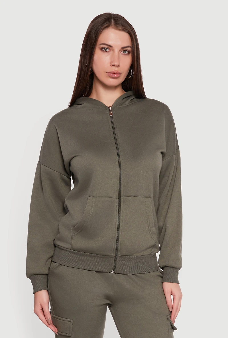 Drop Shoulder Zip Front Hoodie