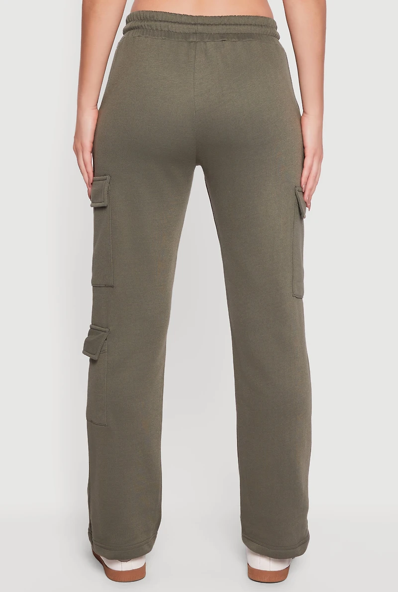 Womens Fleece Lined Cargo Pocket Straight Leg Sweatpants, Green, Size S