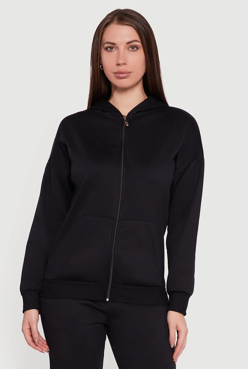Long Sleeve Drop Shoulder Zip Front Hoodie